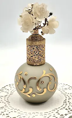 Vintage Lrice Sage Perfume Bottle Gold Gilt Design Ormolu Lucite Floral Topper • $39