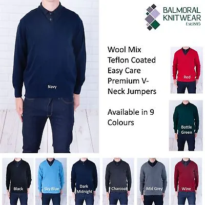 Jumper Plain Mens Knitted V Neck Jumper Machine Washable Wool Mix Pullover • £8.46