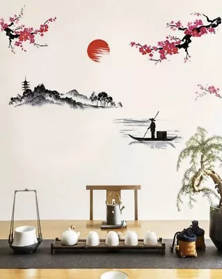 NEW 56” X 22” Oriental Cherry Blossom Water Sunrise Vinyl Wall Sticker Decals • $37.99