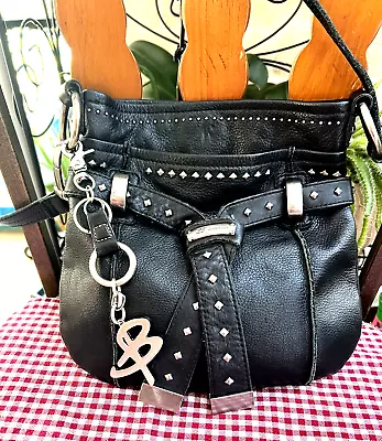 NWOT B. MAKOWSKY Black 100% Pebbled Leather /Studded Crossbody Shoulder Handbag • $30