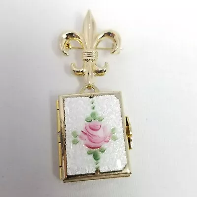 Vintage CORO Pegasus Guilloche Enamel Fleur De Lis 4 Picture Locket Brooch • $45