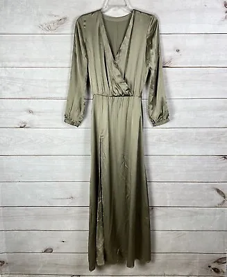 Michelle Mason 100% Silk V-Neck Maxi Side Slit Dress Satin Women’s Sz 0 • $64.59