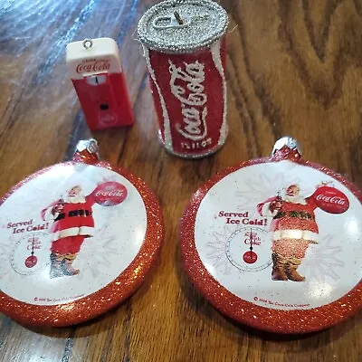 4 Vtg Coca Cola Ornaments 2 2008  Bottles Discs 1 Vending Machine & Glitter Can • £4.52