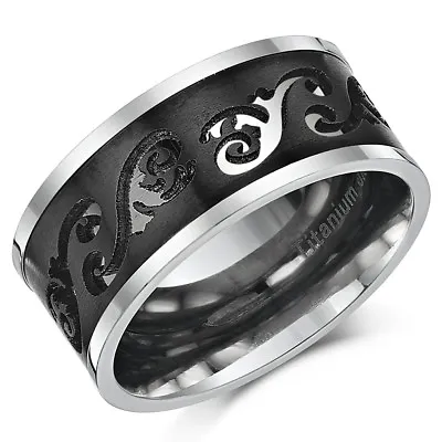 Men's 10mm Titanium Wedding Engagement Band Ring With Black Enamel  • £19.99