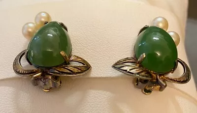 Vintage Jade And Pearl Filigree Clip On Earrings • $45