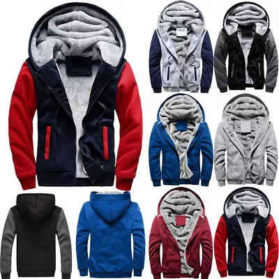 Men Winter Warm Fleece Faux Fur Lined Hoodie Coat Jacket Hoody Zip Up Sweatshirt • £22.79