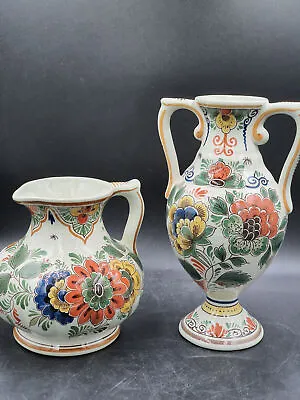 2XOrginal Delft Polychrome RAAM Double Handle Vase Pitcher Vase Hand Painted • $129.79