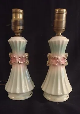 Vintage Pair Mid Century Boudoir Lamp Green W 3D Pink Flowers Gold Trim • $39