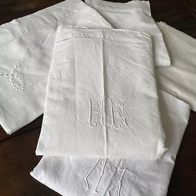 Job Lot Bundle 5 X French Metis Linen/Cotton Sheets Pulled Thread Work Monogram • £125