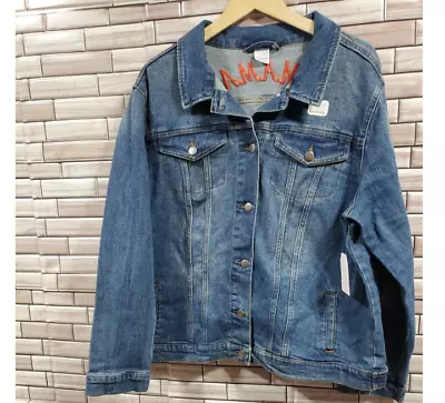 Denim Bomber Jacket Relaxed Stretch Maternity Stretch XXL Mama Embroidered NWT • $14.99