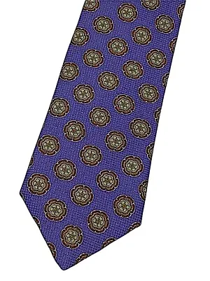 Isaia Napoli NWT $230 Purple Medallion Print 7 Fold Silk / Cotton Tie 3.5” NEW • $59.95