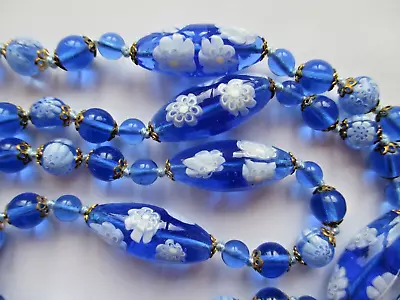 Vintage Art Deco Long Murano Blue Millefiori Glass Bead Necklace • £35