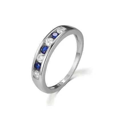 Ring Ladies Solid Sterling 925 Silver Blue & White Sapphire Eternity Size K To U • £26.95