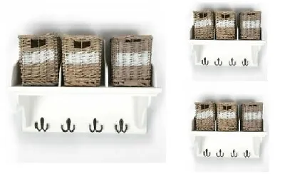 £33.95 • Buy Wicker Storage Unit Wooden Shelf Rack Stand With 3 Baskets And Coat Hook Hangers