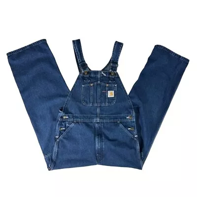 CARHARTT Washed Denim Bib Overalls Unlined R07 Blue Mens 34 X 32 • $39.99