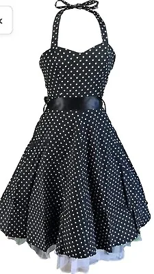Hearts & Roses Rockabilly Black White Polka Dot Halter Neck 50’s Style Dress 16 • £18.99