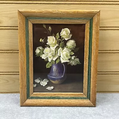 Vintage Mini Floral Art Print White Roses Vase Glass Framed Wall Decor 8x6 In • $12.57