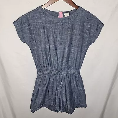 Girls J Crew Crewcuts Blue Denim Chambray Zip Back Shorts Romper One Piece 10 • $12.95