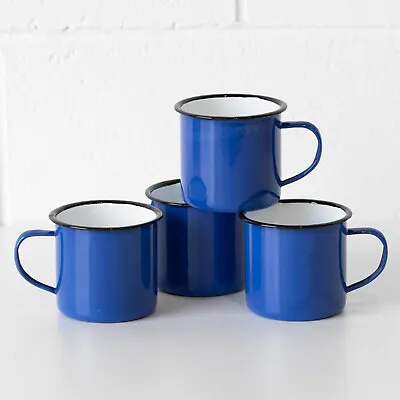 Set Of 4 Blue Enamel Mugs 360ml Vintage Style Tea Water Coffee Tin Camping Cups • £19