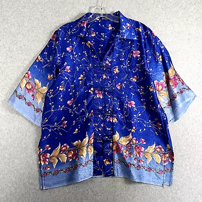 Unbranded Womens L Short Sleeve Asian Style Blouse Blue  Floral NWOT • $12