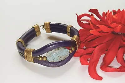 Vintage Egyptian Revival Blue Faience Scarab & Purple Gold Leather Bracelet  • $12.98