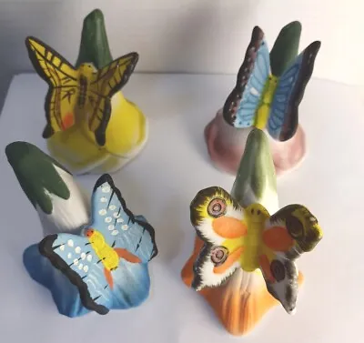 Vintage Lot Of  4 Ceramic Butterfly On Flower Bells 4”   • $10