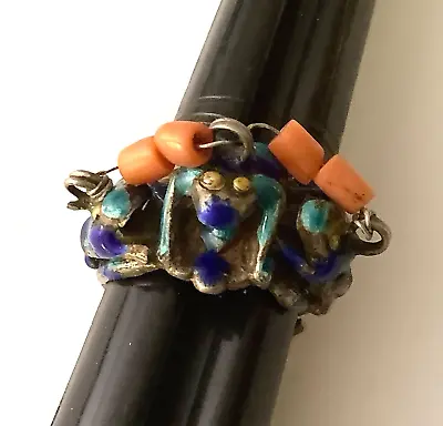 VTG CHINESE SILVER ENAMEL 3 FROGS WITH CORAL BEADS RING  Adjustable • $185