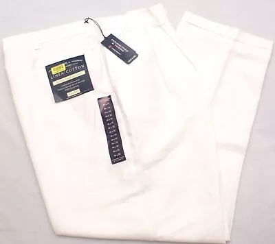 Roundtree & Yorke Mens 46x30 White Linen-Cotton Pants Pleated Easy Care NEW • $21.55