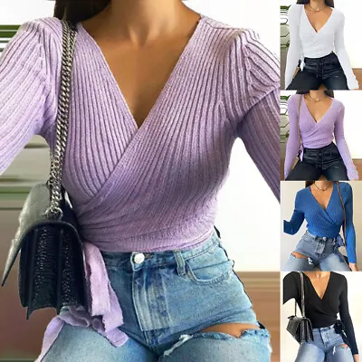 £11.89 • Buy Womens Ribbed V-Neck Wrap Jumper Tops Long Sleeve Slim Fit Work Casual Blouse 16