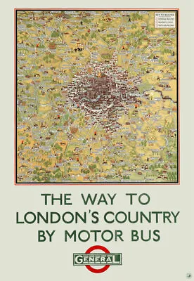 London's Way To The Country Map General Motor Bus  Vintage Poster  Retro PRINT • £5.99