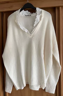 Ladies Ivory Cream V Neck Jumper With Lace Trim Collar Size 24 26 NWT • £24.99