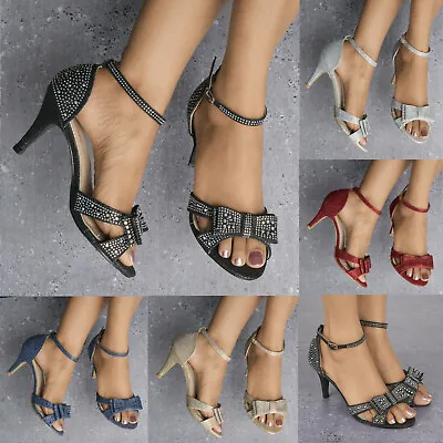 £9.99 • Buy  Ladies Diamante Bow Detail High Heel Evening Party Peep Toe Sandals Shoes 3-8