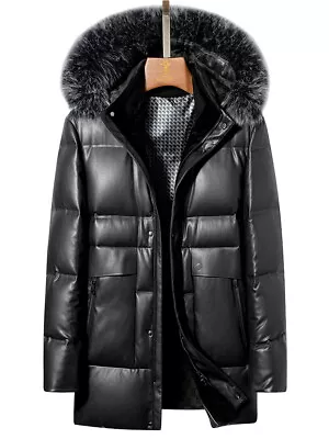 Leather Men's Genuine Leather Jacket Mid-Length Hooded Fur Duck Down Sheepskin • $241.75