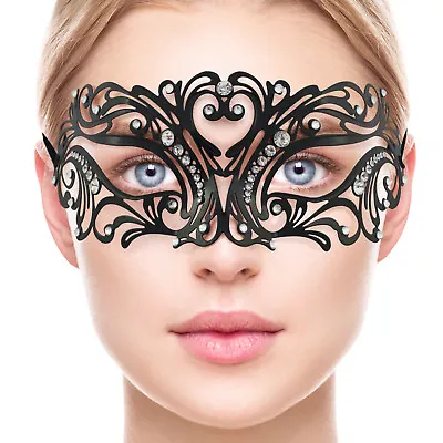 Venetian Masquerade Metal Mask | Black Lace With Clear Diamante PROM Fancy Dress • £5.99