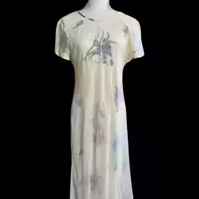 Vintage Mica Ivory Iris Chiffon Sheer Overlay High-Low Floral Midi Dress Sz 14 • $45