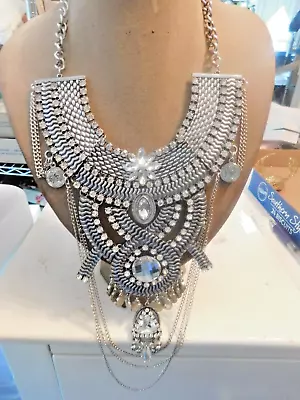 VTG SilverTone W/ Rhinestones & Dangles RUNWAY BIB Necklace Look • $23