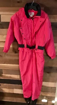 VTG Ossi Skiwear 80s Pink Ski Snow Suit Womens Sz 12 Belted 1pc Matching Headbnd • $75.99