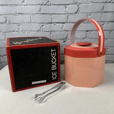 $75 • Buy GEORGES BRIARD APRICOT Pink Octagonal 7  Vinyl Ice Bucket Lid And Tongs Vintage