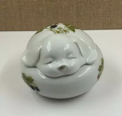 Takahashi Ceramic Sleeping Puppy Dog Trinket Box Berry Accents • $11.95