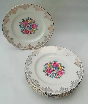 8 X Vintage Washington Pottery Pretty Floral Gold Decorated Lunch Plates 22.6cm • £24.99