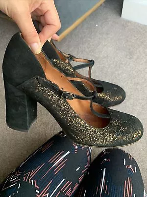 CHIE MIHARA Gold Black T Bar Court Shoes Heels Size 41 • £49