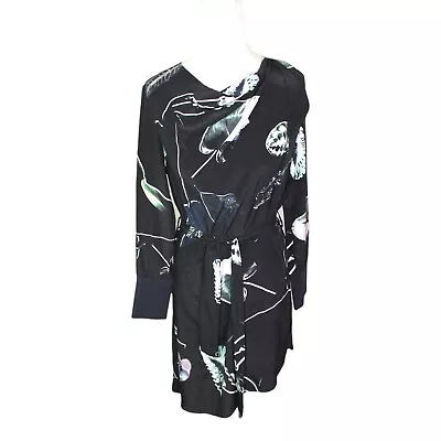 Viktoria + Woods Silk Shift Dress Sz 1 Black Leaf Print Long Sleeve Asymmetric  • $69.95