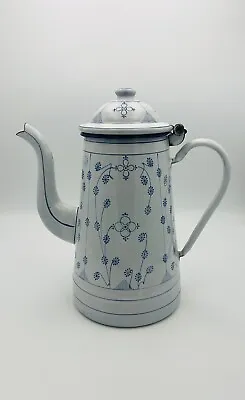 Large Vintage French Enamel Coffee Pot  White W/ Blue Flower Saxony Pattern • $95