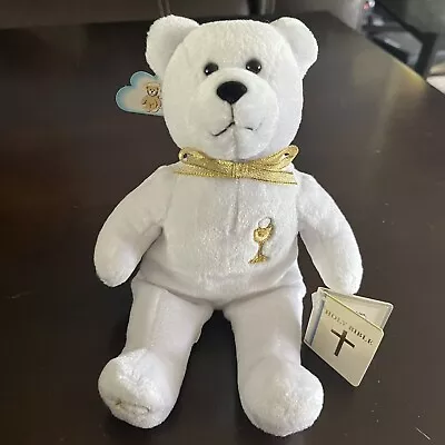 Holy Bears Bible Communion Beanie Teddy Bear - White W/ Gold Ribbon • £14.60