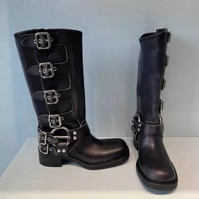 $91.28 • Buy Womens Buckle Knee High Riding Boots Pull On Boots Leather Punk Block Heels Size