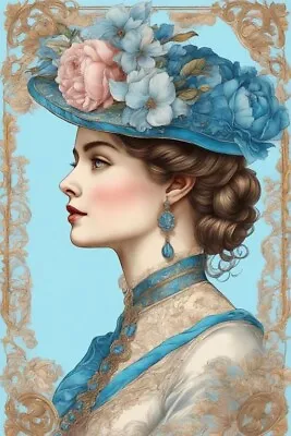 Vintage Victorian Woman In Blue Hat 7x10 Inch Quilt Or Craft Cotton Fabric Block • $14.80