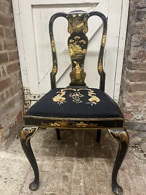 19th Century Vintage Antique Black Lacquered Gilt Chinoiserie Dining Hall Chair • £150