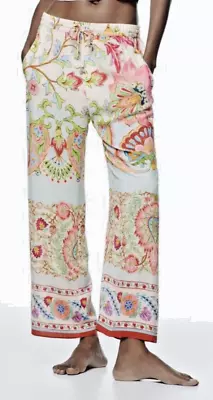 Zara Woman Floral Paisley Palazzo Pants Drawstring Waist Wide Leg Sz M Gorgeous • $32.97