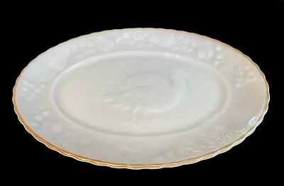 VTG Anchor Hocking 3D Turkey Oval Serving Platter Milk Glass W/Gold Rim 15  MCM • $29.95