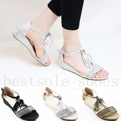 £9.99 • Buy Ladies Womens Diamante Ankle Strap Sandals Wedges Heels Dressy Beach Shoes Size